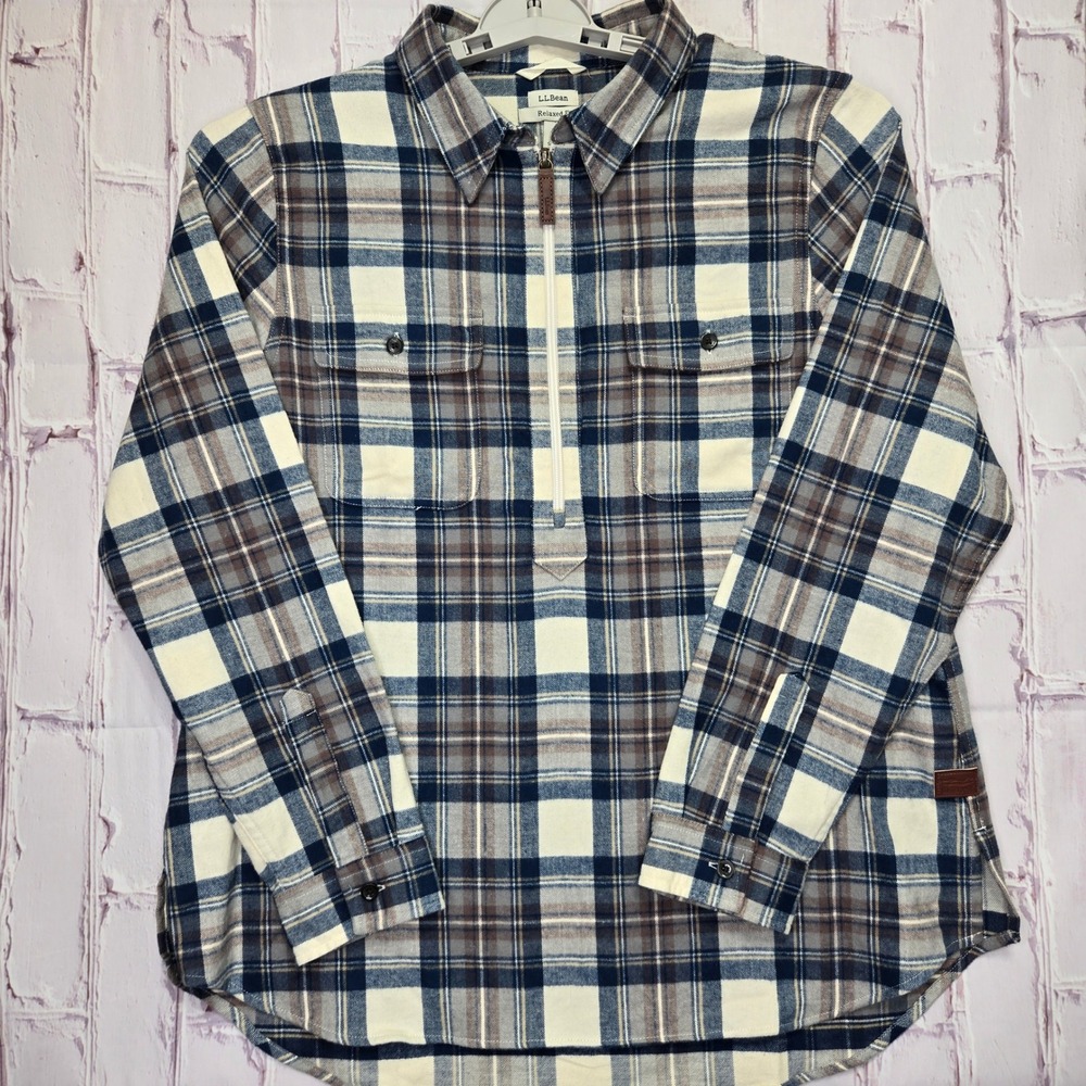 L.L.Bean Flannel Shirt Blue Brown Plaid Quarter Zip Soft Cotton Mens Large L